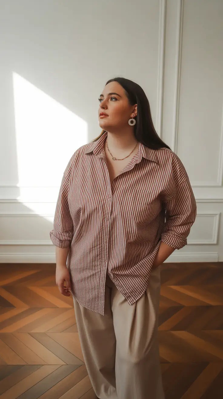 spring outfits for plus size women 2026 Soft Stripes and Relaxed Silhouettes for Gentle Spring Light