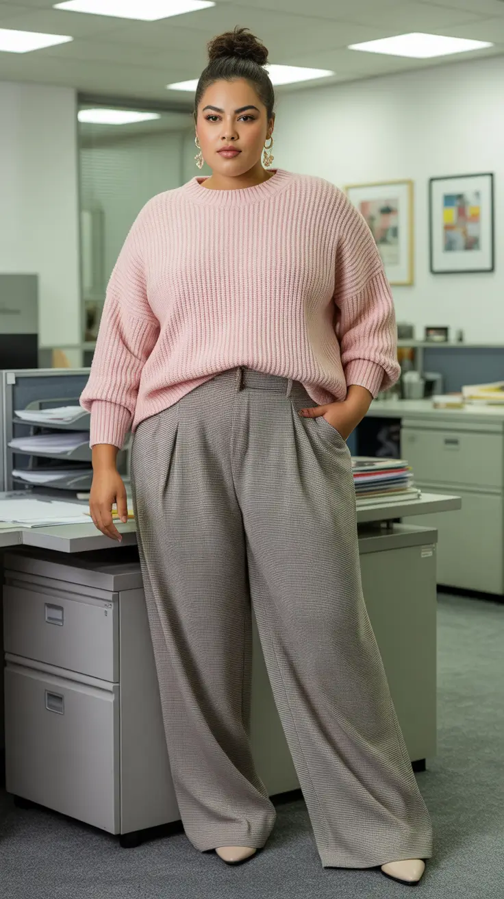 spring outfits for plus size women 2026 Soft Pink Knitwear for Cozy Spring Office Days