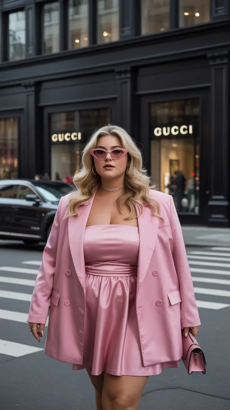 spring outfits for plus size women 2026 Playful Satin and Blazer Elegance in Rosy Tones