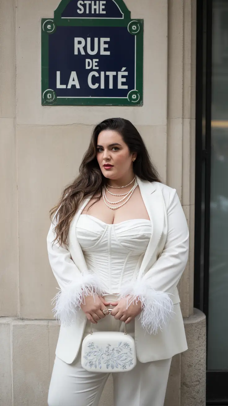 spring outfits for plus size women 2026 Monochrome White Suit with Feathered Drama