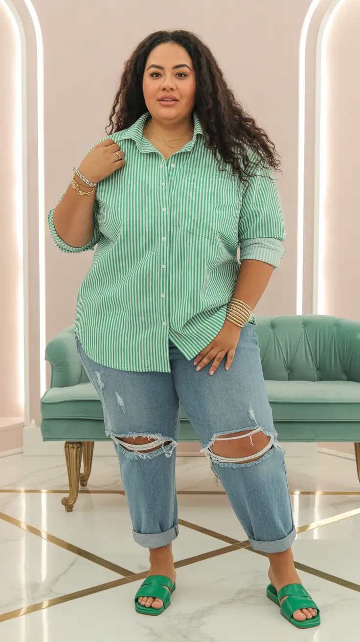 spring outfits for plus size women 2026 Fresh Green Stripes for Laid-Back Spring Days