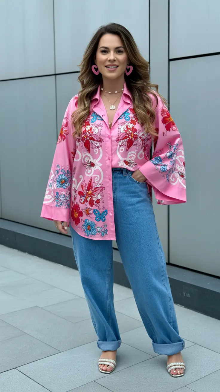 trendy chicago spring outfits 2026 Floral Statement Silk with Relaxed Denim Ease