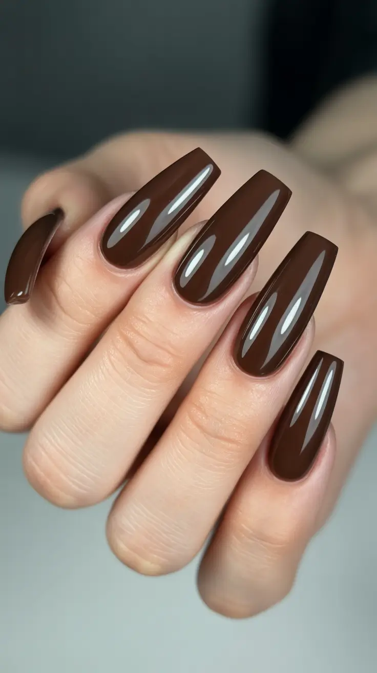 amazing spring break nails 2026 Glossy Chocolate Brown Coffin Chic