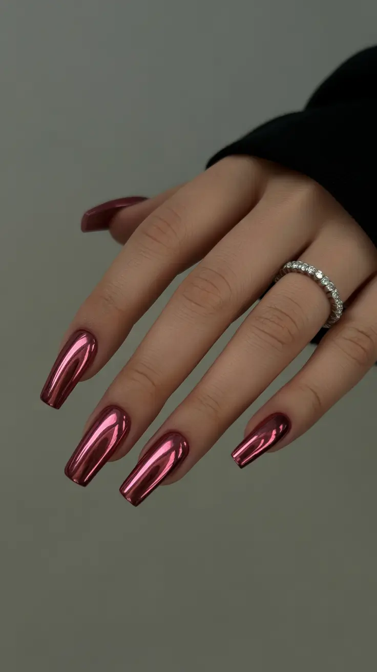amazing spring break nails 2026 Rose Chrome Mirror Coffin Glam