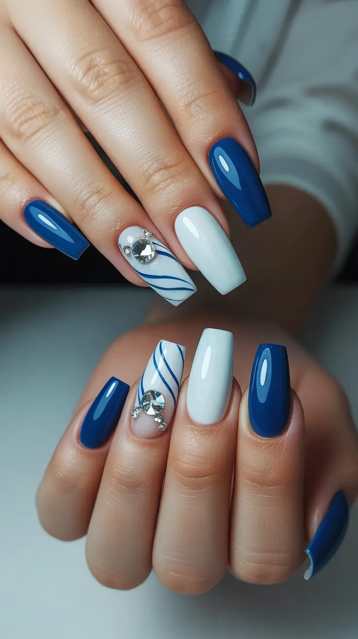 amazing spring break nails 2026 Navy and White Crystal Accent Square