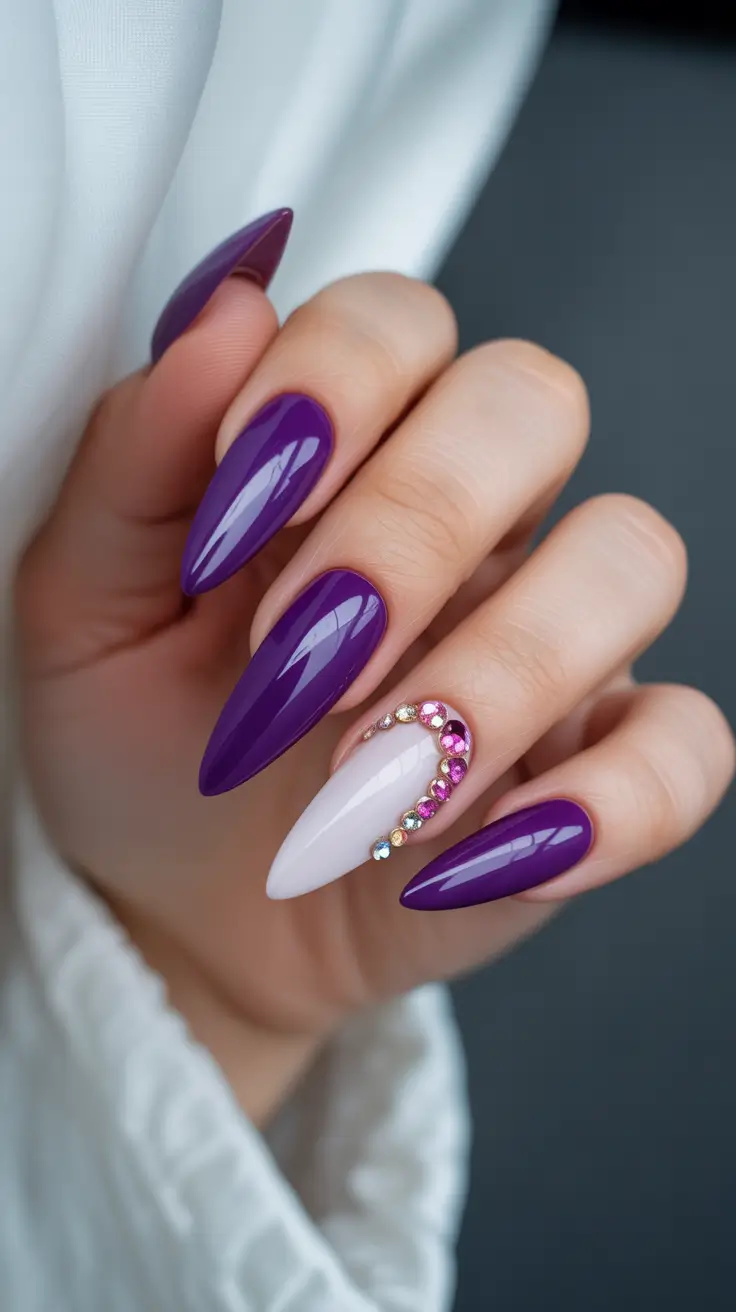 amazing spring break nails 2026 Electric Purple Almond with Crystal Accent