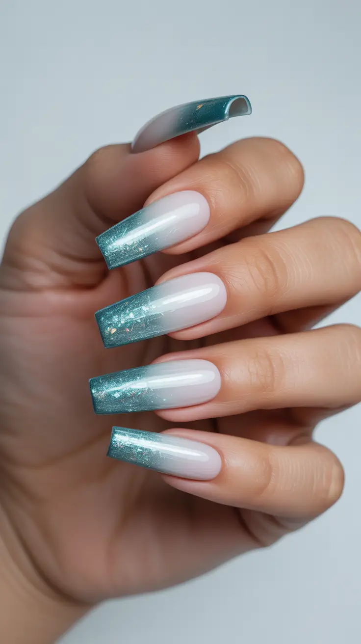 amazing spring break nails 2026 Teal Glitter Ombre Coffin Glow