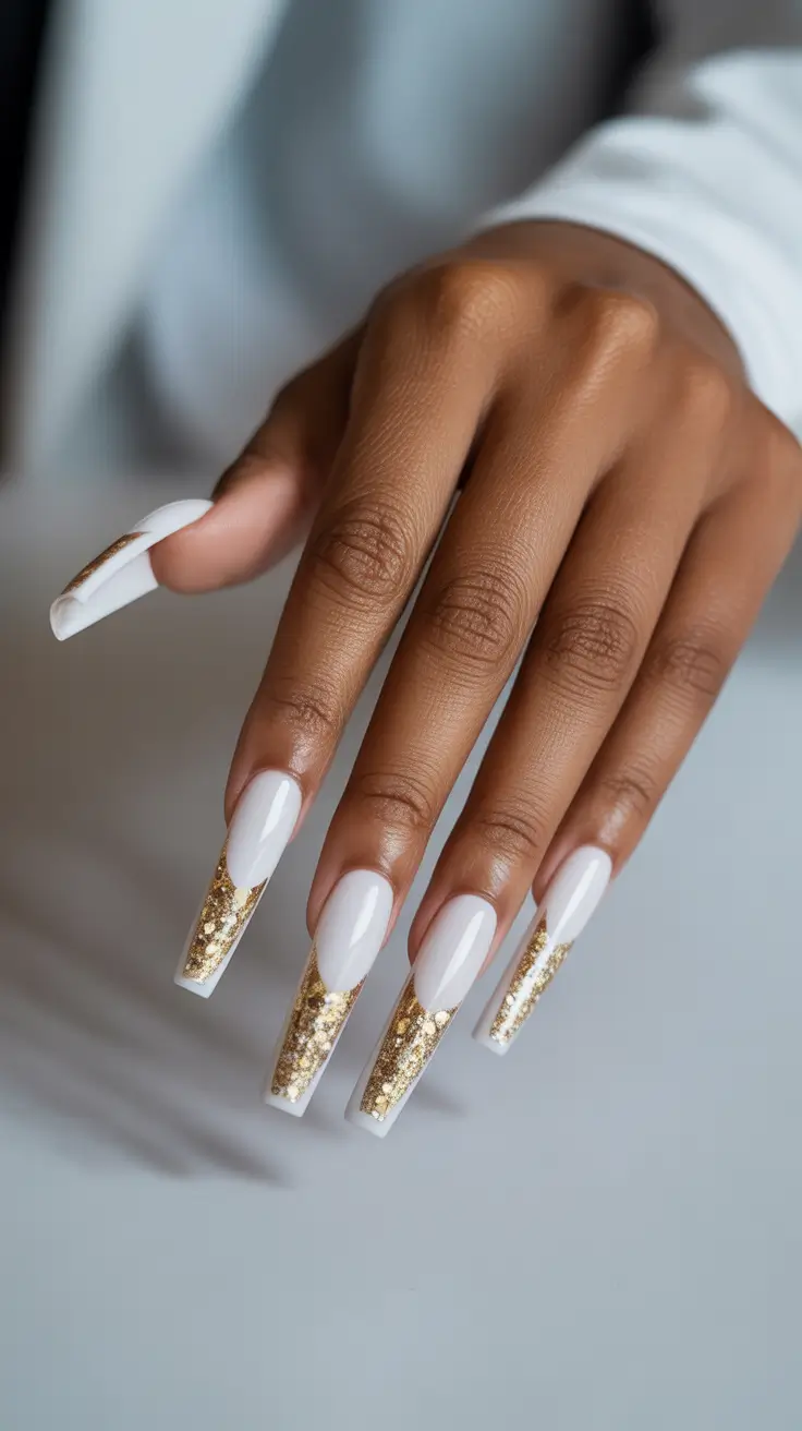 amazing spring break nails 2026 Soft White and Gold Square Glam