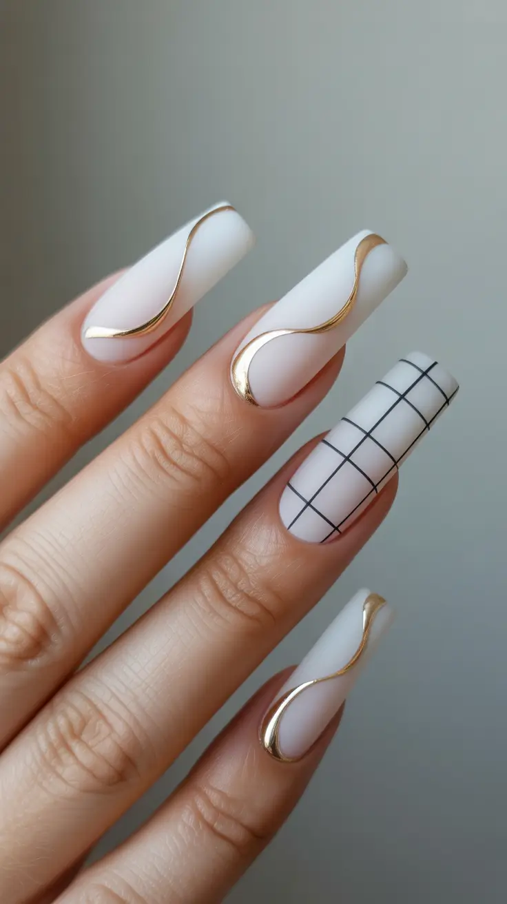 amazing spring break nails 2026 Matte White with Gold Waves and Graphic Accent