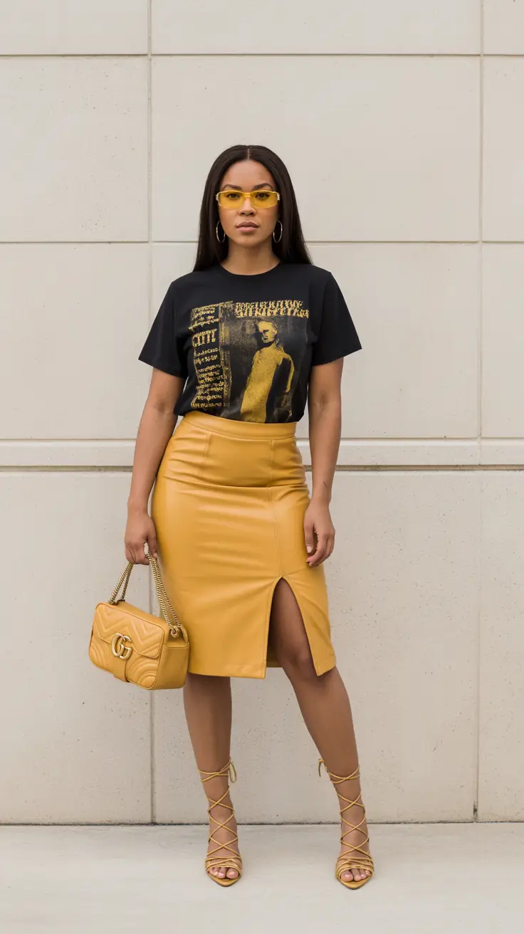 bold spring outfits black women 2026 Graphic Drama and Leather Gold