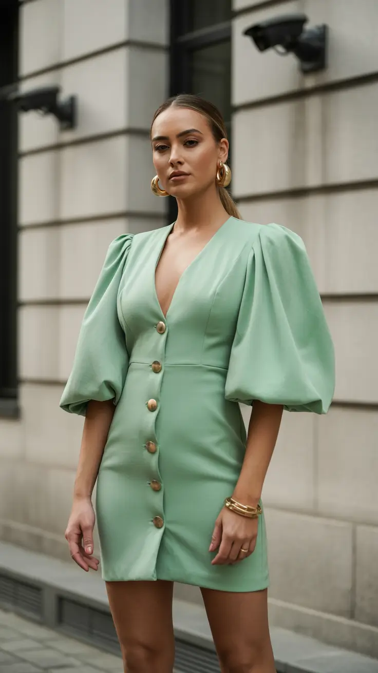 chic classy spring outfits 2026 Mint-Green Puff-Sleeve Freshness