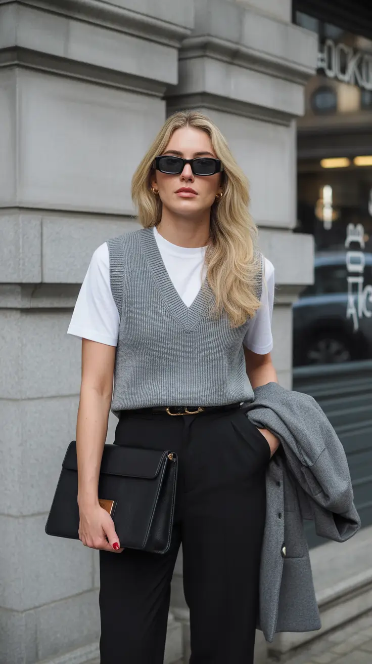 chic classy spring outfits 2026 Smart Gray Layers with Polished Black Essentials