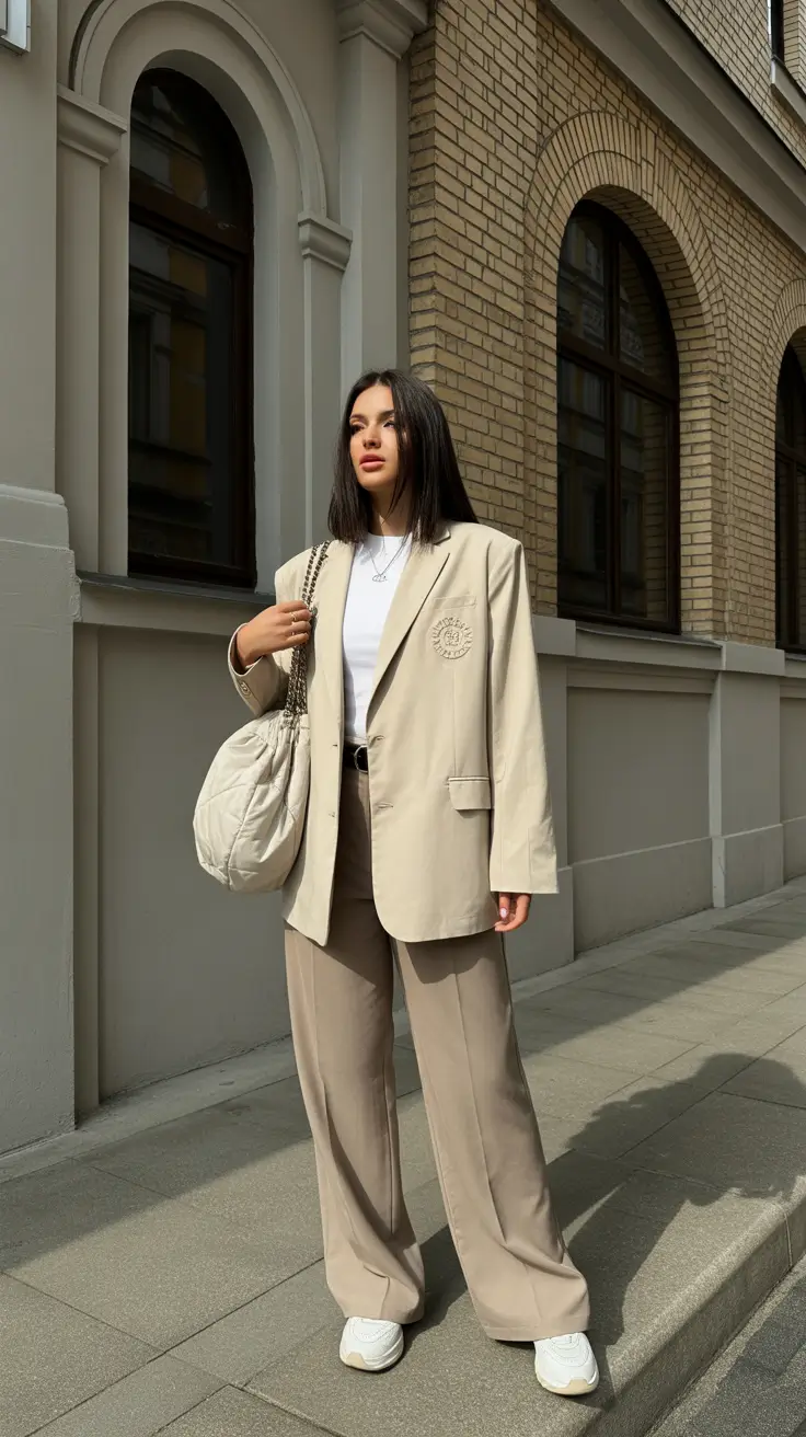 chic classy spring outfits 2026 Soft Beige Tailoring with Relaxed Energy