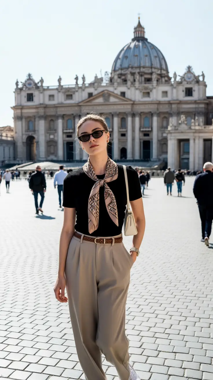 chic classy spring outfits 2026 Vintage-Inspired Scarf Chic in Neutrals