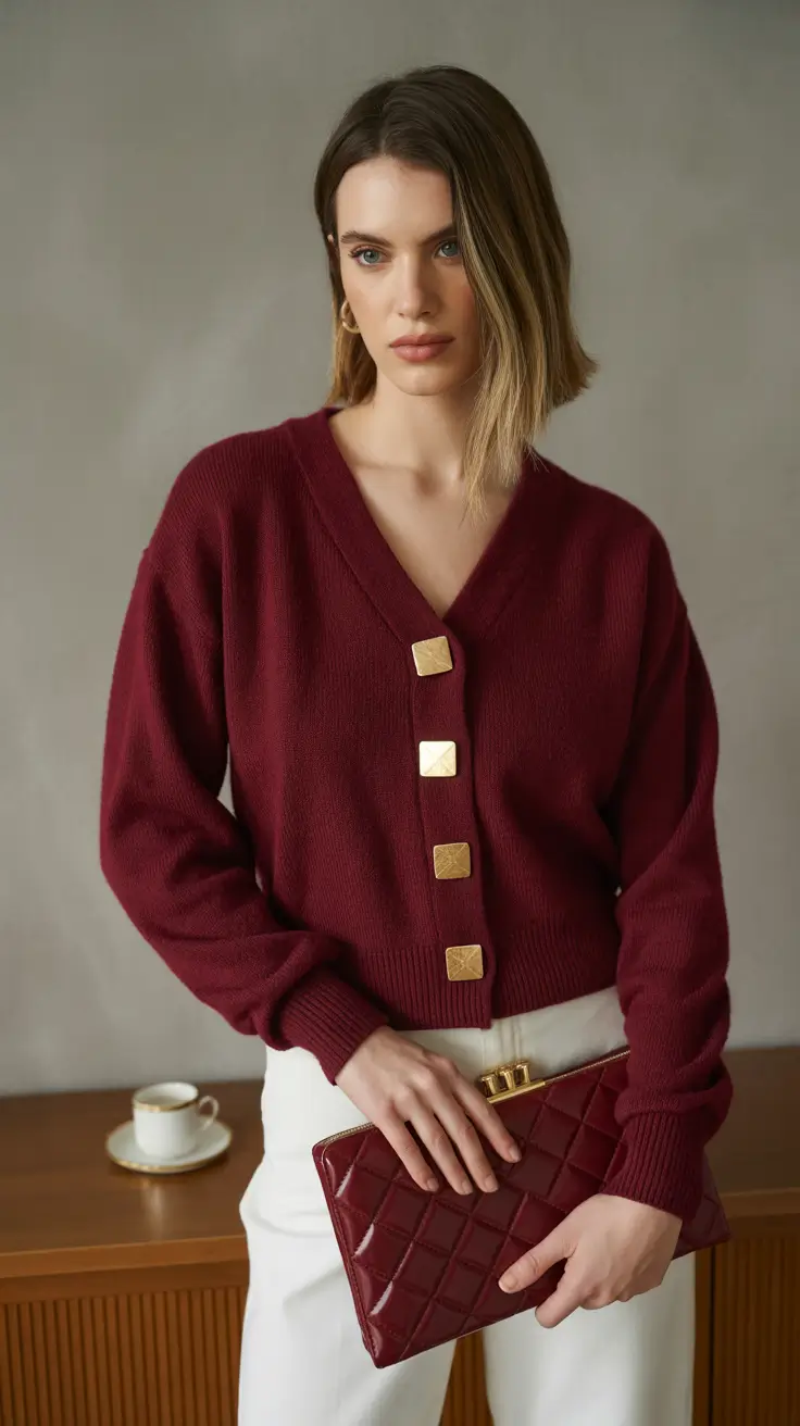 chic classy spring outfits 2026 Burgundy Elegance with Modern Gold Accents