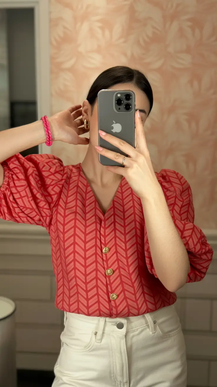 chic classy spring outfits 2026 Bold Coral Geometry with White Denim Freshness