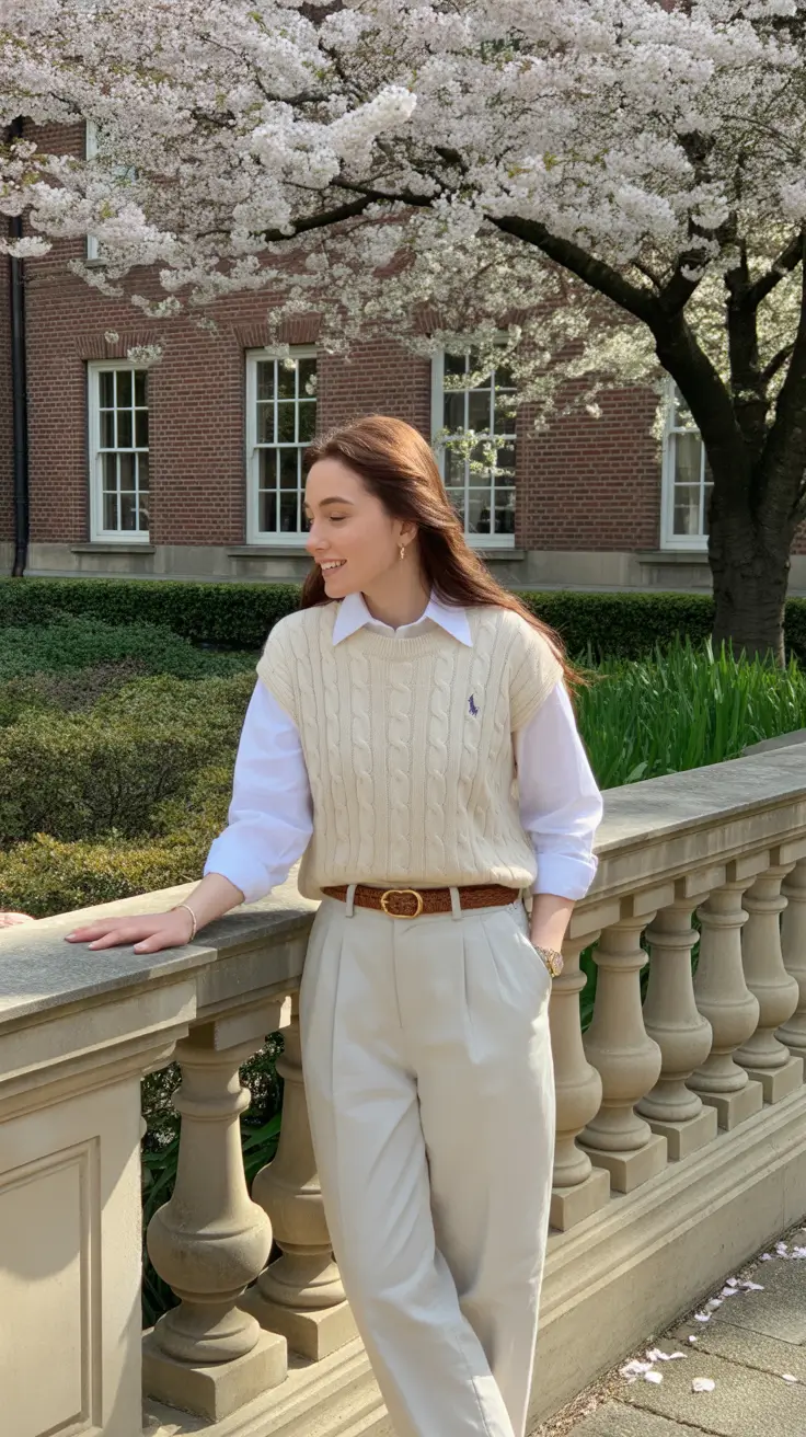 chic classy spring outfits 2026 Classic Preppy Layers Under Blossoming Spring Skies