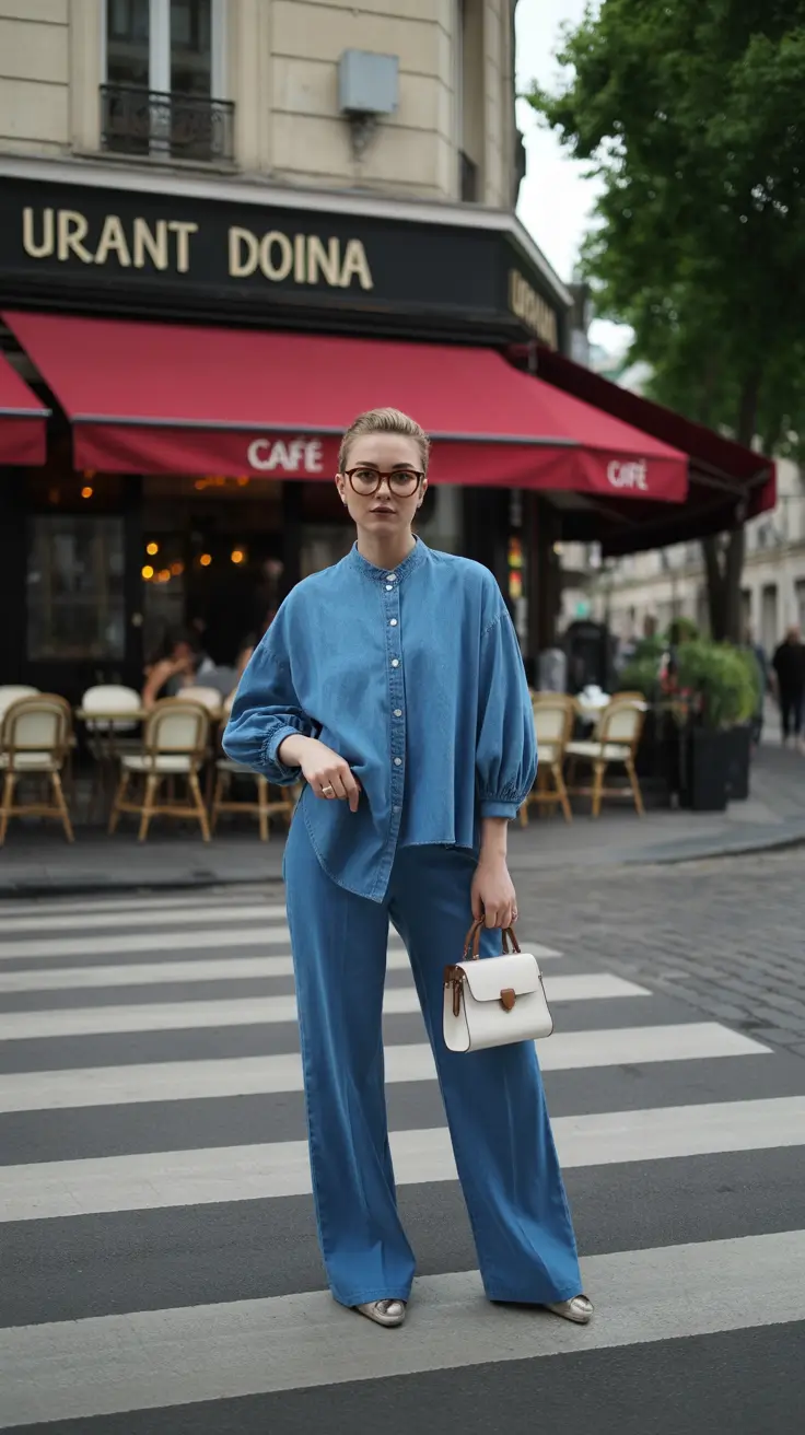 chic classy spring outfits 2026 Blue Monochrome Denim Chic for Urban Spring Days