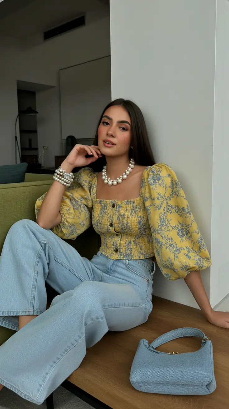 chic classy spring outfits 2026 Playful Yellow Romance with Denim Ease