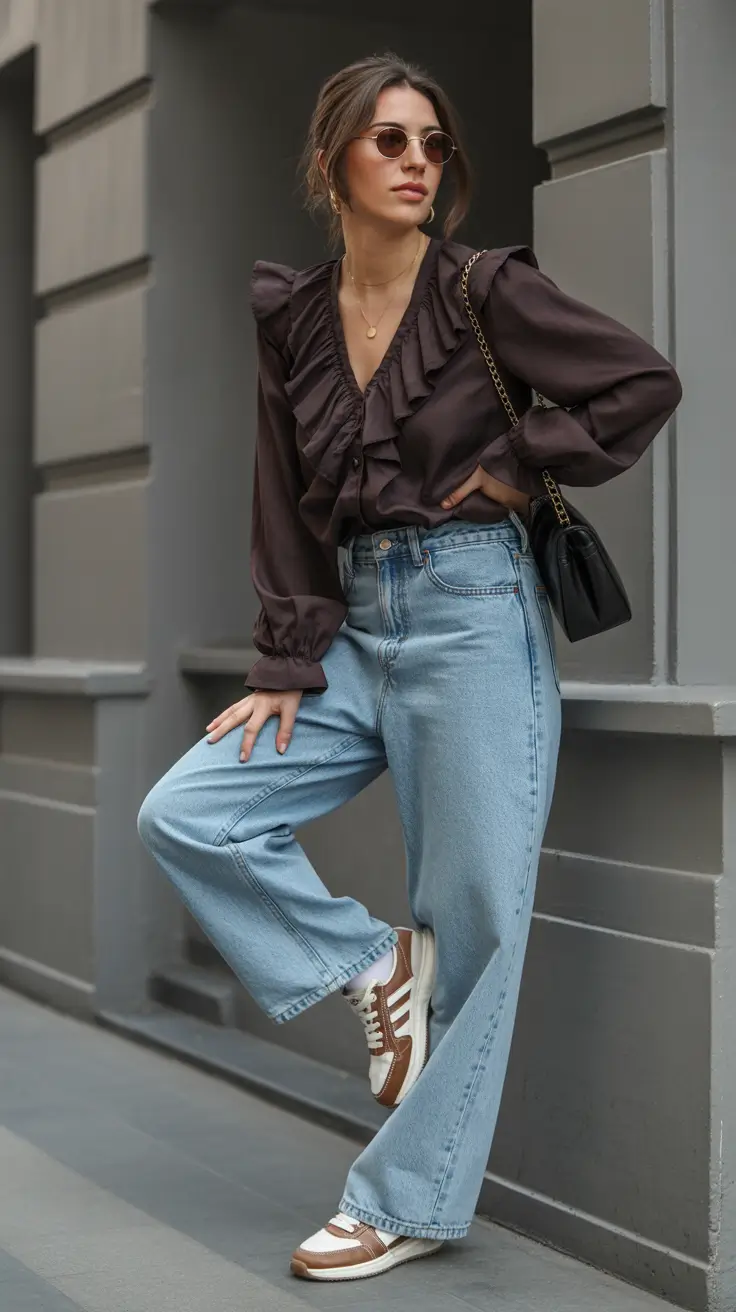 chic classy spring outfits 2026 Ruffled Chocolate Blouse with Relaxed Denim