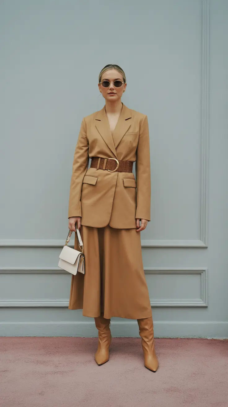 chic classy spring outfits 2026 Monochrome Camel Power-Dressing