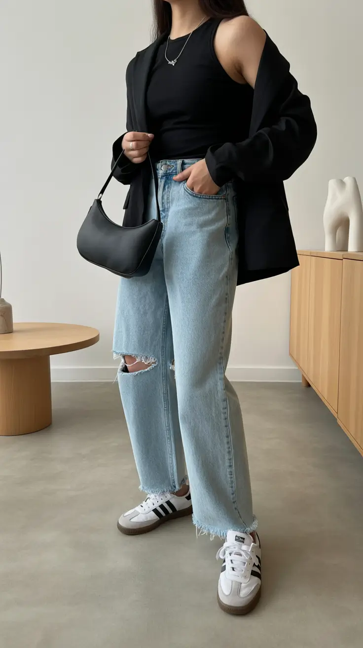 comfy spring outfits for lazy days 2026 Black-and-Denim Ease for Classic Lazy Day Comfort