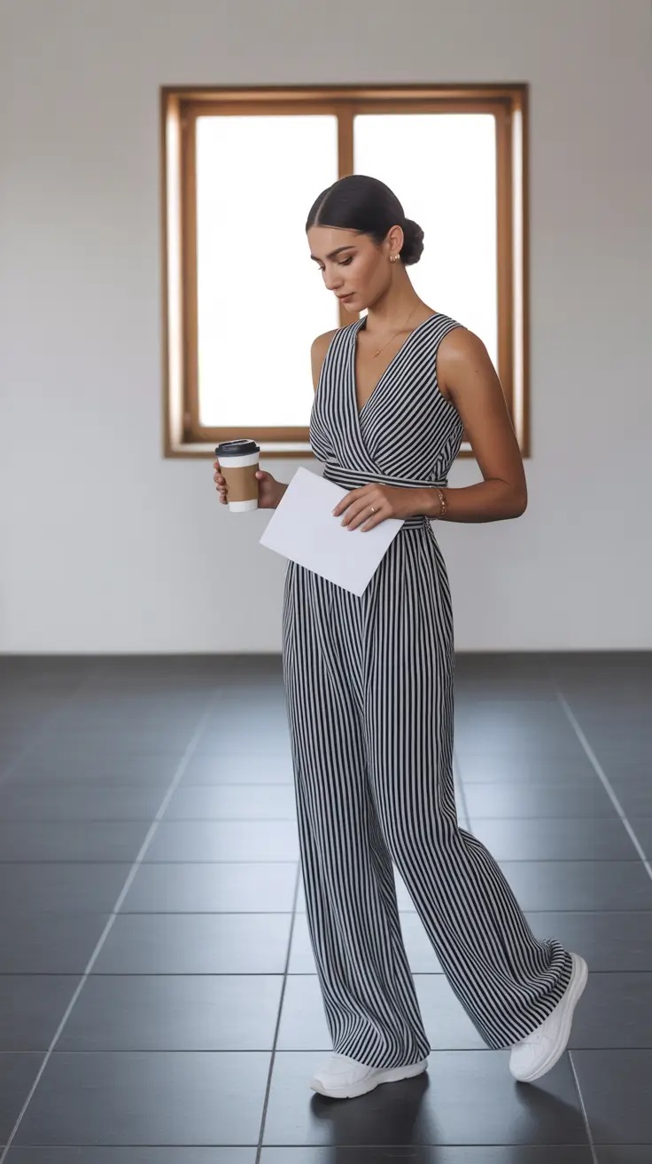comfy spring outfits for lazy days 2026 Striped One-Piece Simplicity for Relaxed Spring Workdays