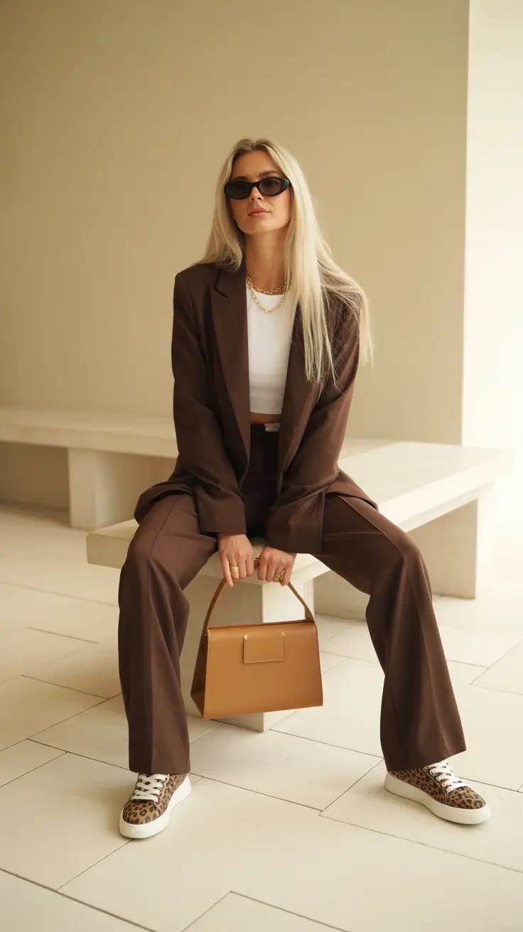 comfy spring outfits for lazy days 2026 Earthy Suiting with Playful Sneakers for Effortless Edge