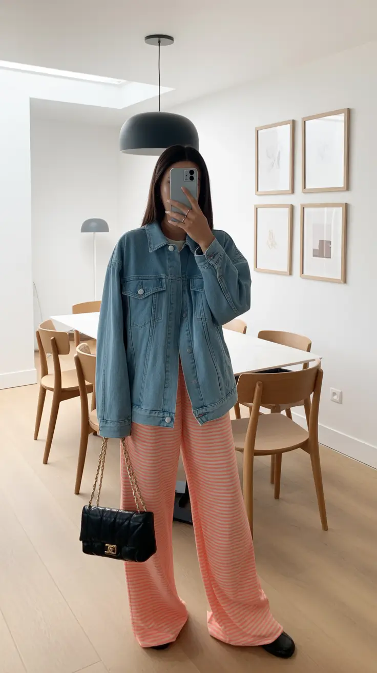 comfy spring outfits for lazy days 2026 Striped Lounge Pants Meet the Denim Classic