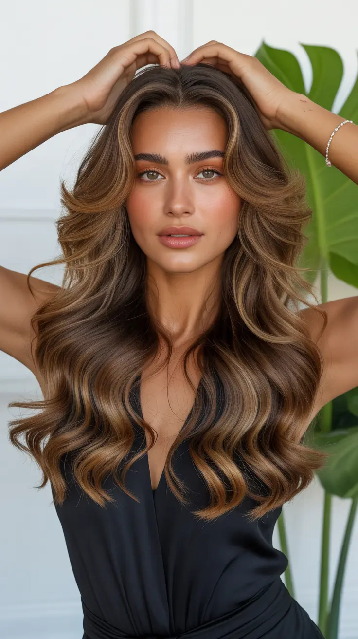 cool spring hair color for tan skin 2026 Layered Copper Brown Waves - Dimensional Cool Warmth