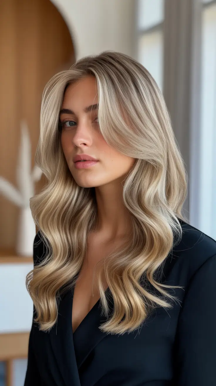 dreamy spring blonde hair color effects 2026 Cool Sand-Blonde Contour With Water-Fall Waves