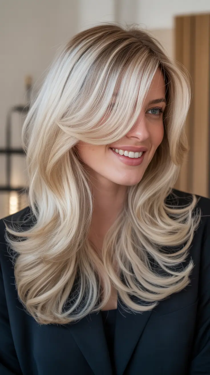 dreamy spring blonde hair color effects 2026 Bright Layered Vanilla Blonde with Face-Framing Movement