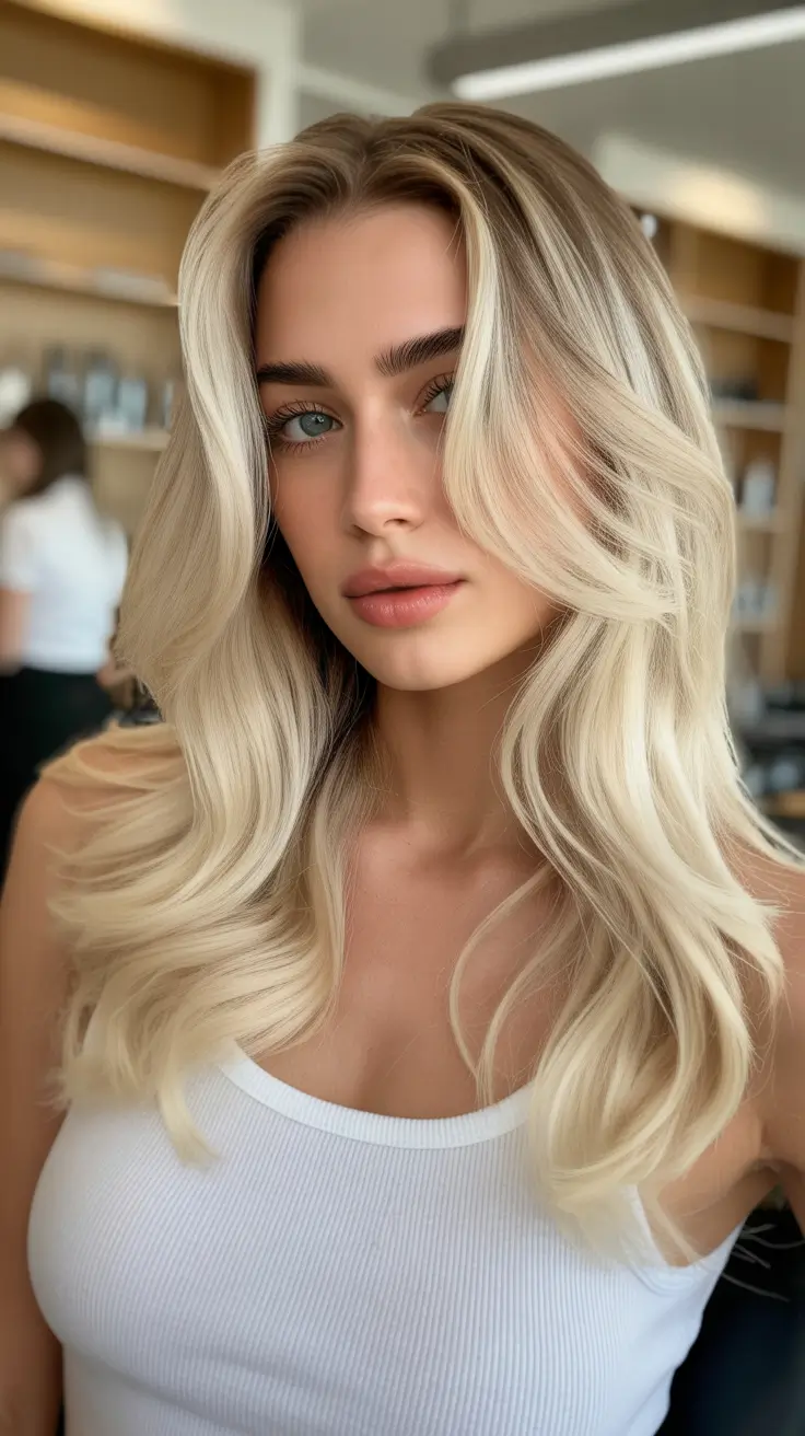 dreamy spring blonde hair color effects 2026 Natural Rooted Champagne Blonde With Soft Waves