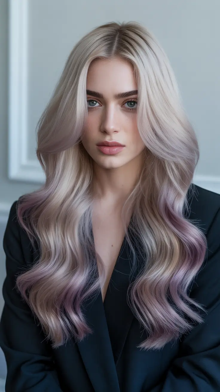 dreamy spring blonde hair color effects 2026 Lavender-Tipped Platinum Waves With Soft Dimension