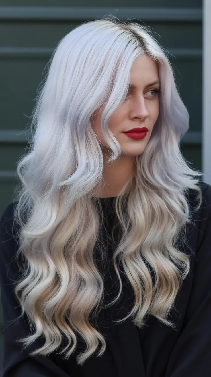 dreamy spring blonde hair color effects 2026 Icy Silver Blonde With Glossy Gradient Flow