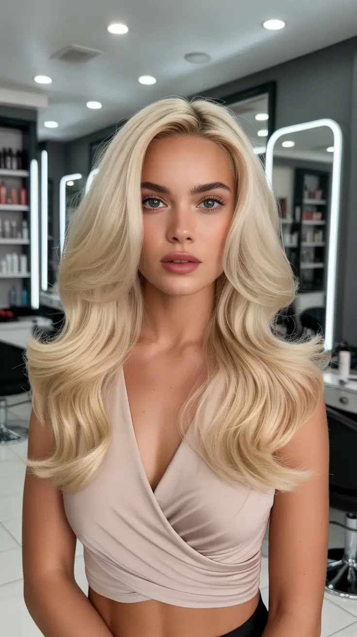 dreamy spring blonde hair color effects 2026 Polished Salon Blonde With Soft Contouring Waves