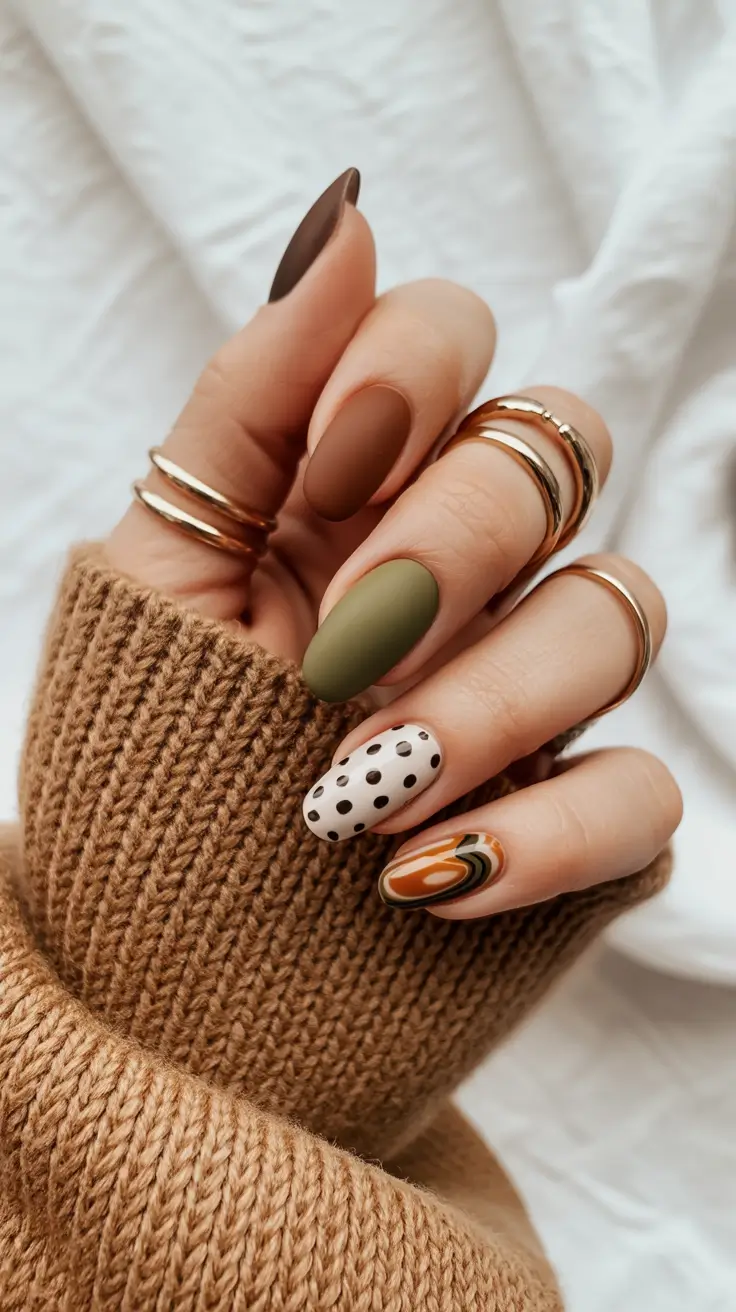 earthy spring nail design 2026 Olive & Cocoa Contrast with Playful Accents