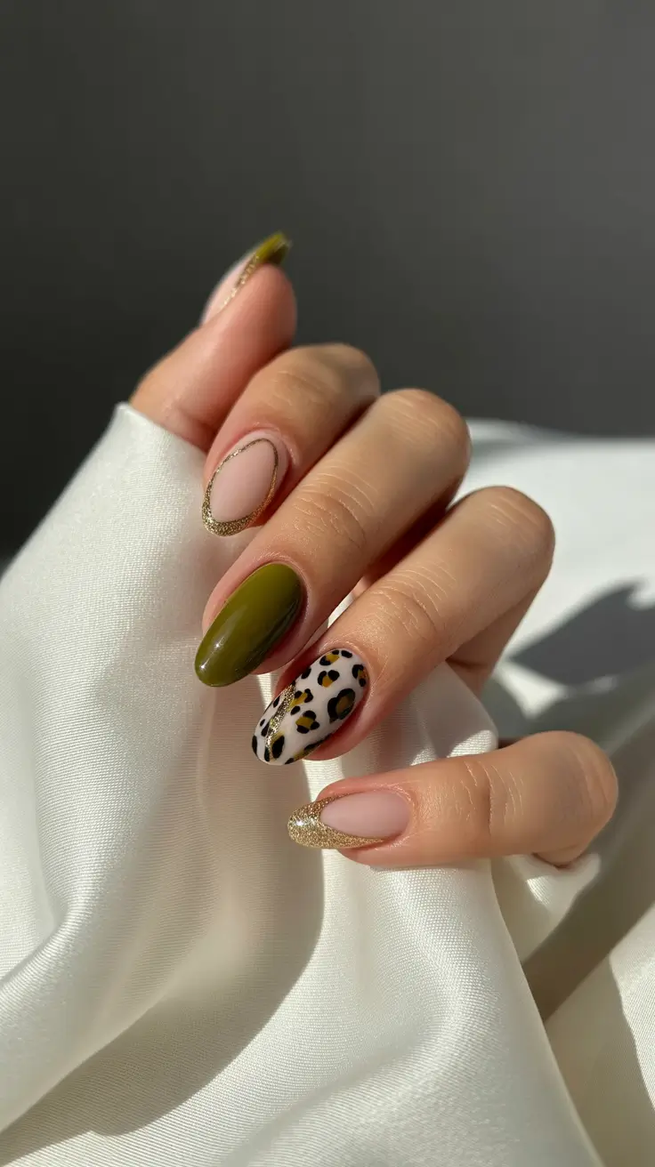 earthy spring nail design 2026 Olive Luxe with Leopard & Gold Accents