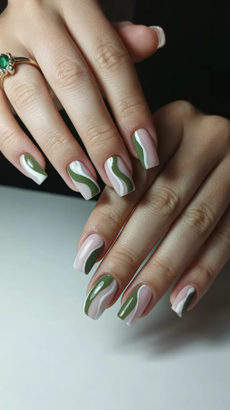 earthy spring nail design 2026 Soft Blush & Sage Abstract Waves