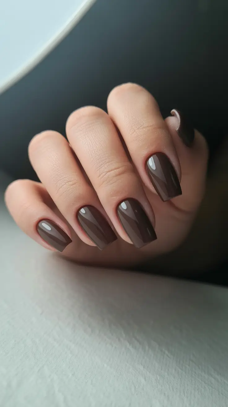earthy spring nail design 2026 Glossy Cocoa Short Square Minimalism