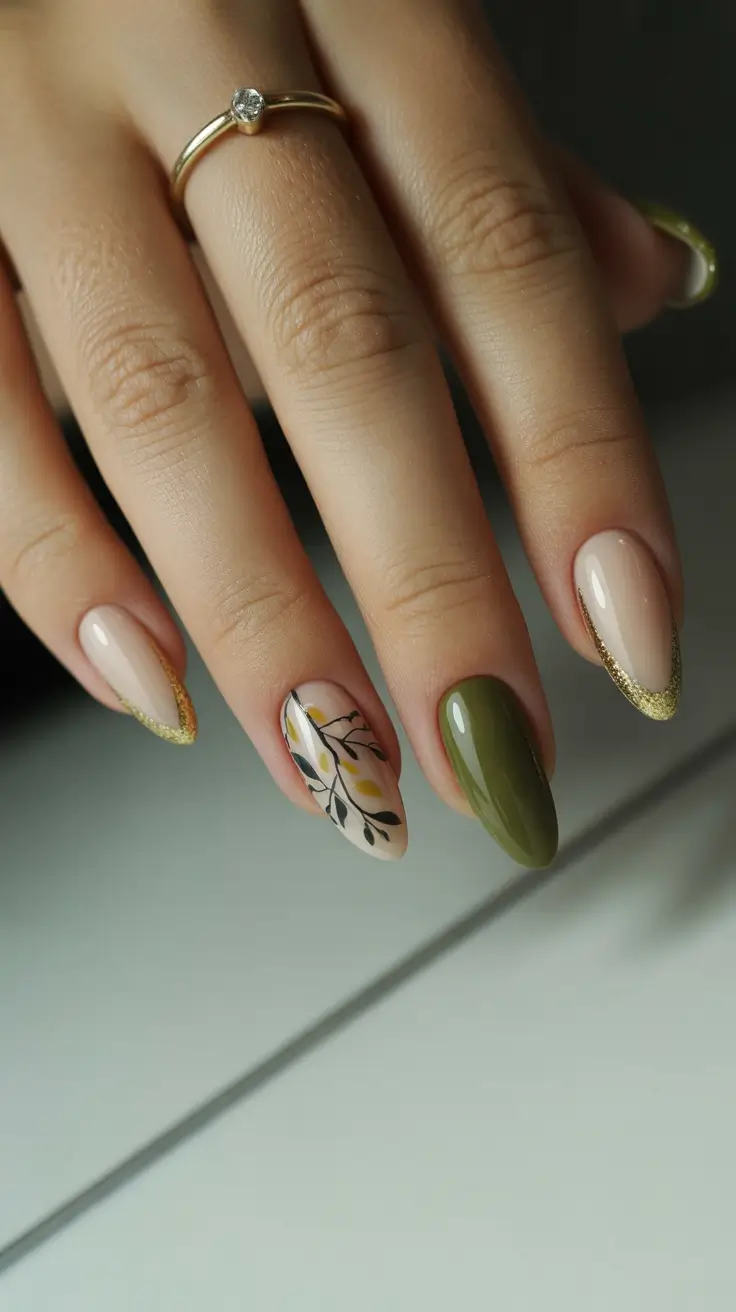 earthy spring nail design 2026 Botanical Accent with Gold-Tipped Neutrals