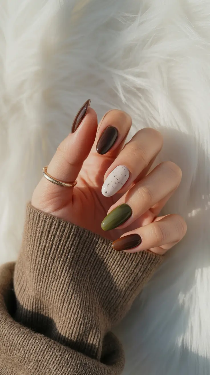 earthy spring nail design 2026 Earth-Tone Mix with Speckled Neutral Accent