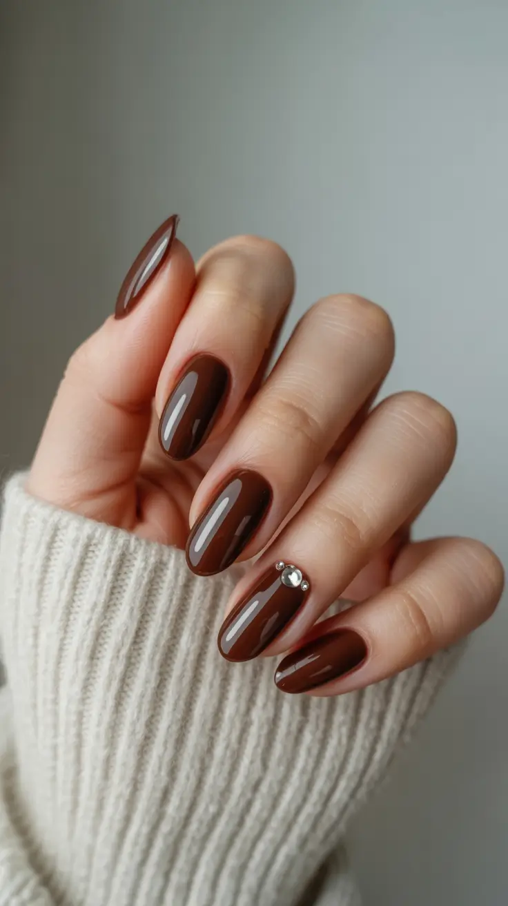 earthy spring nail design 2026 Glossy Chestnut with Subtle Crystal Accent