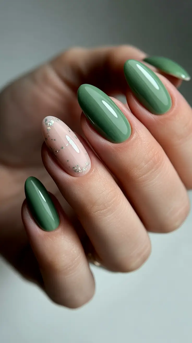 earthy spring nail design 2026 Muted Sage with Soft Speckled Accent