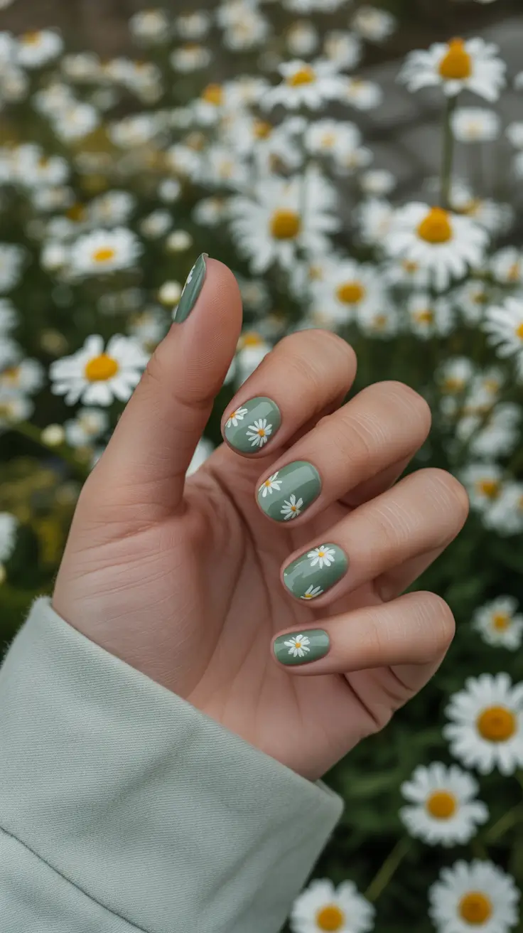 earthy spring nail design 2026 Short Sage with Daisy Florals
