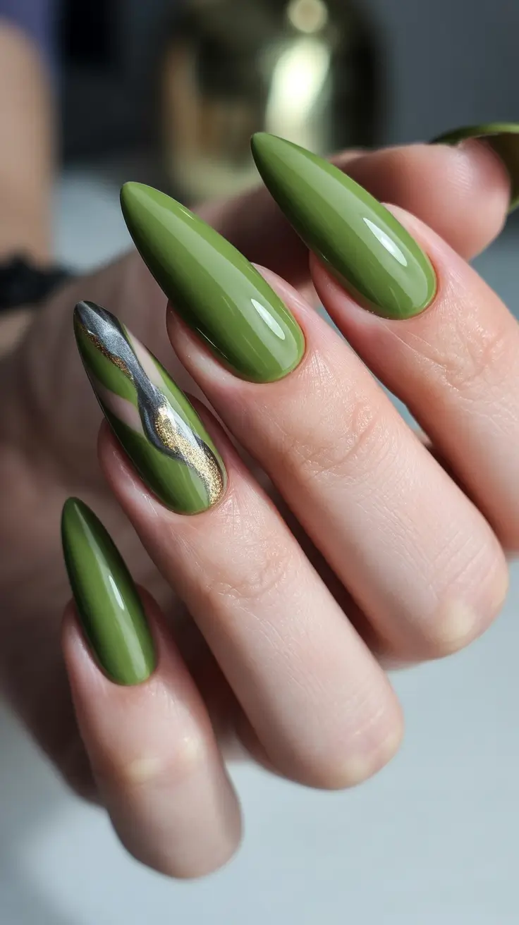 earthy spring nail design 2026 Olive Almond with Metallic Wave Accent