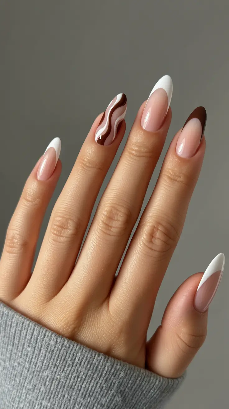 earthy spring nail design 2026 Chocolate French with Sculpted Almond Tips