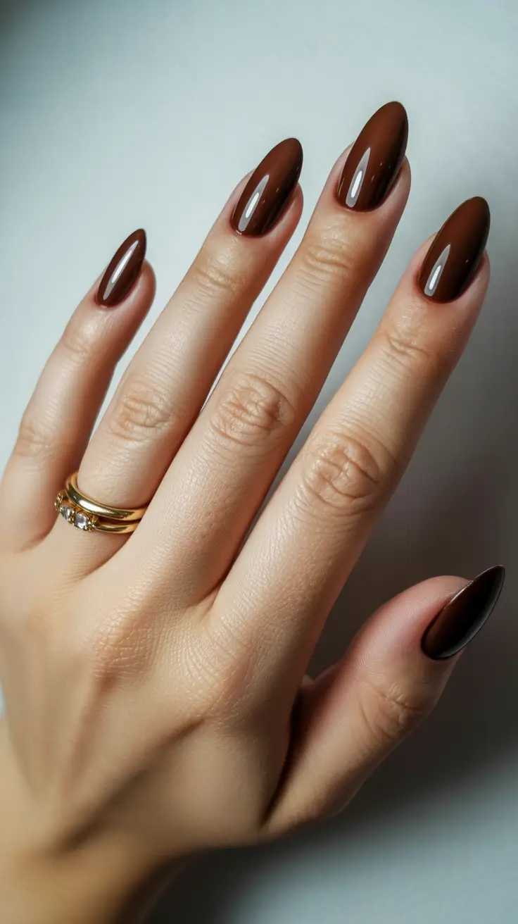 earthy spring nail design 2026 High-Gloss Dark Chocolate Almond Elegance