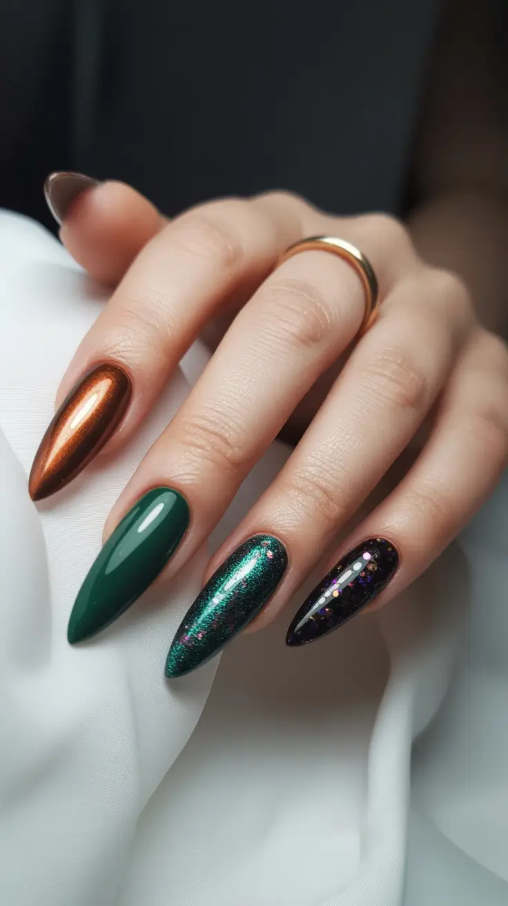 earthy spring nail design 2026 Metallic Earth & Emerald Drama Mix
