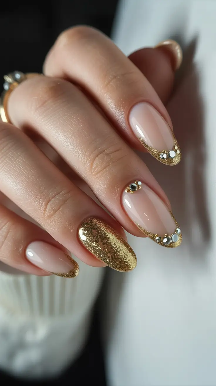 earthy spring nail design 2026 Gold-Tipped Nude with Luxe Detailing